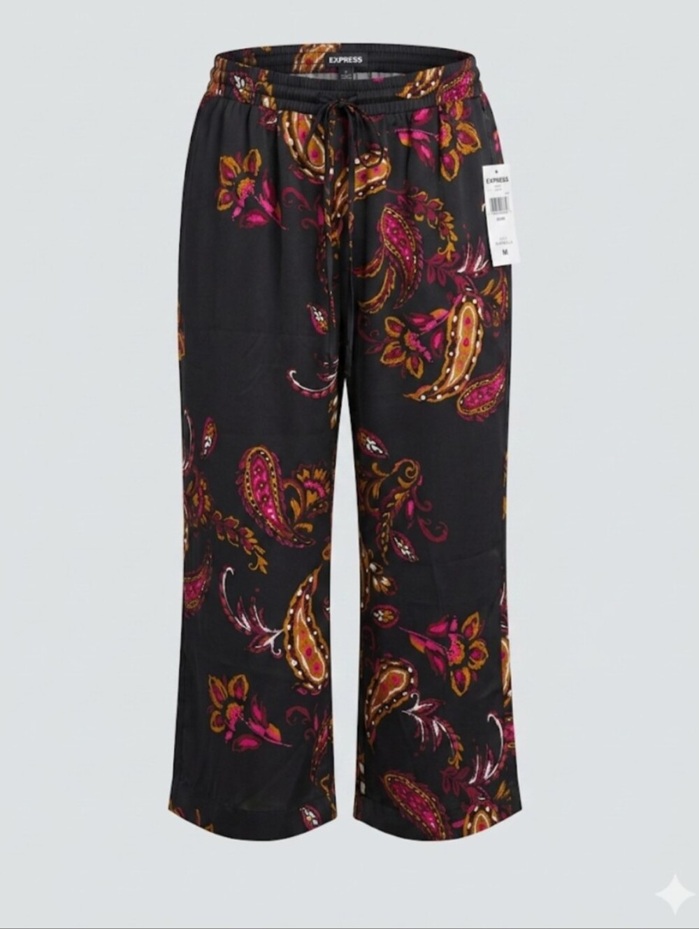 Rafaella Black Wide-Leg Pants with Pink & Gold Paisley Print XL NWT